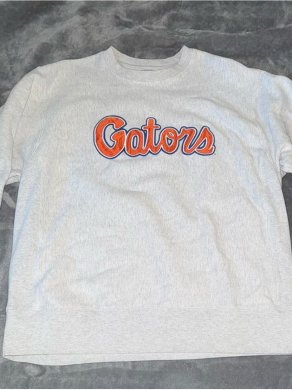 Reverse Weave Champion Light Gray Crewneck Sweatshirt with Orange 'Gators' Scrip